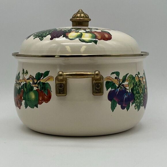 TABLETOPS UNLIMITED Pot and Lid Enamel Steel Heat Fruits Covered Serving Dish - Picture 3 of 14